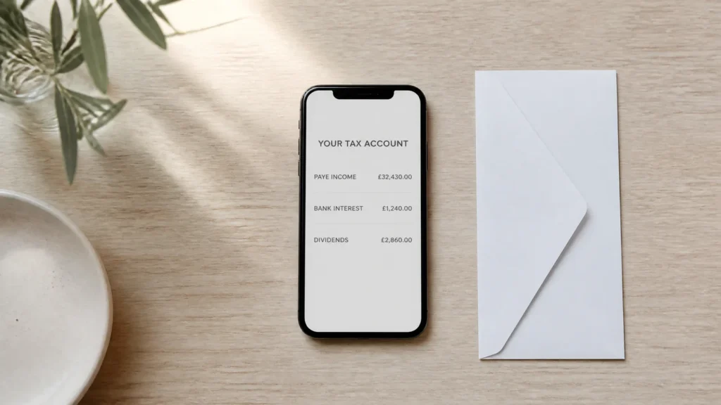 A smartphone showing a digital tax account screen beside a white envelope
