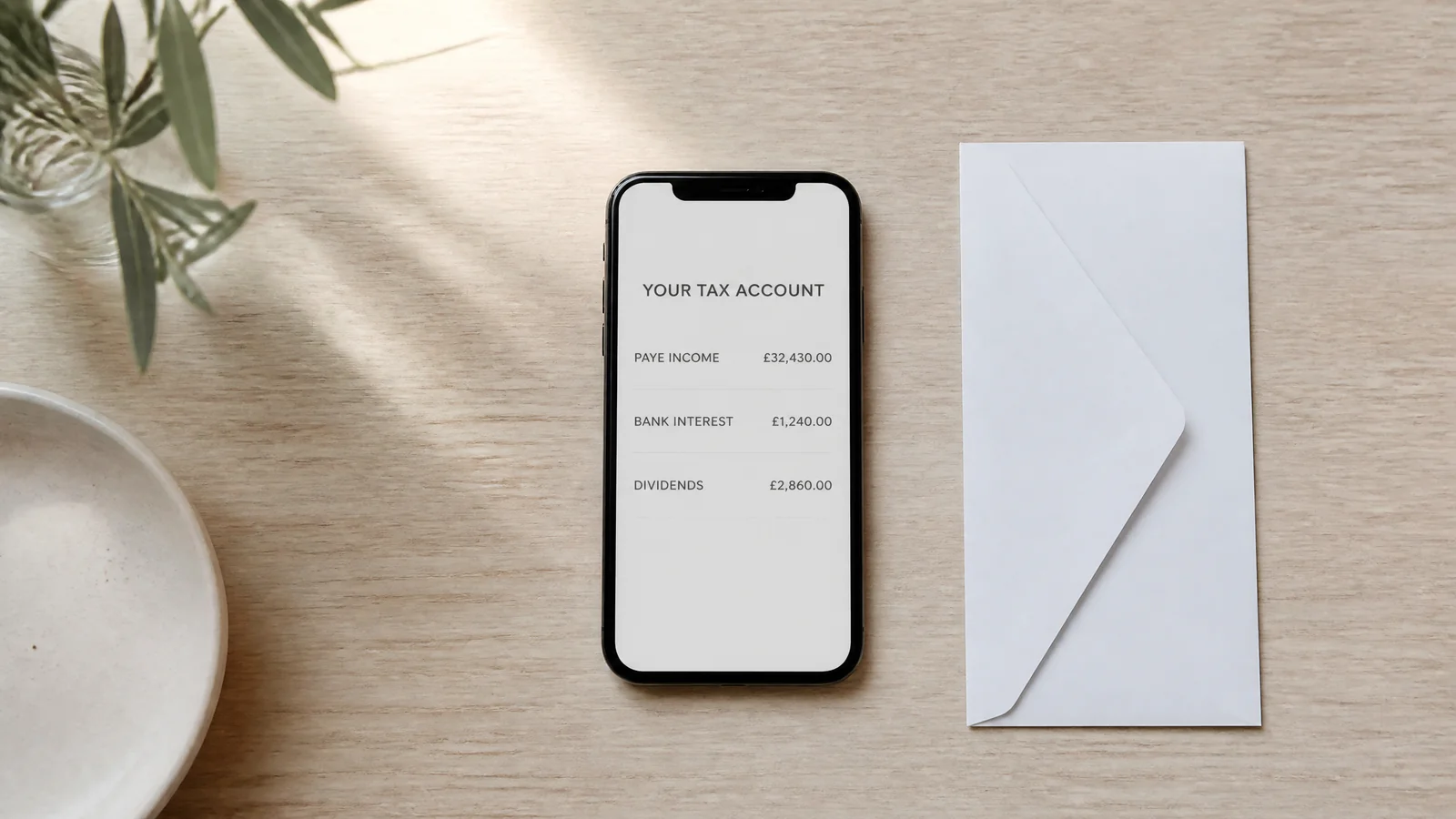 A smartphone showing a digital tax account screen beside a white envelope