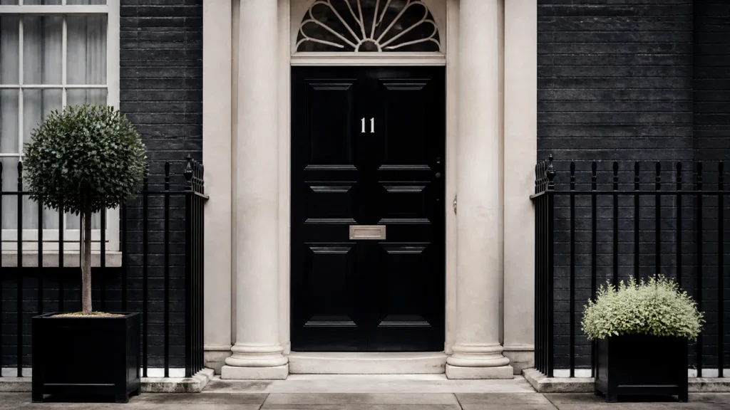 A glossy black Georgian door bearing the numeral eleven