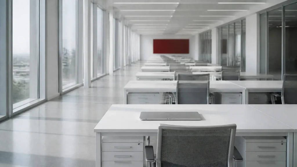 Rows of empty desks in a bright modern open plan office with one closed laptop