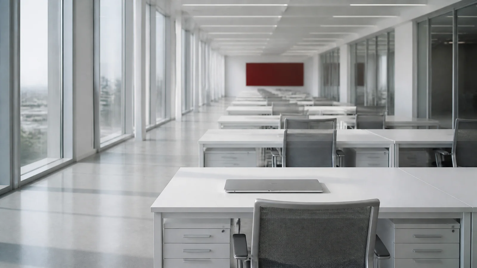 Rows of empty desks in a bright modern open plan office with one closed laptop