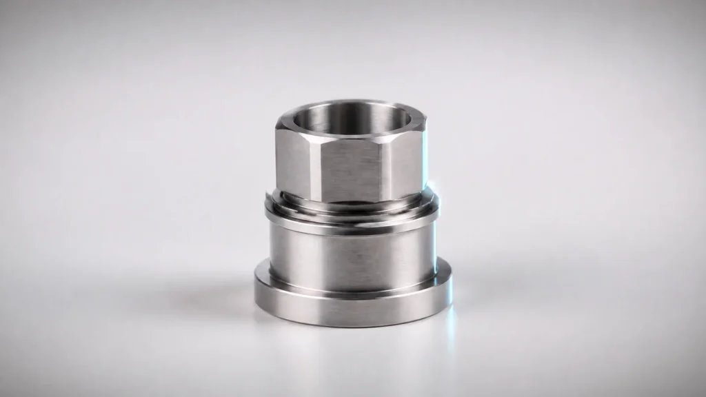 A precision machined steel component on a plain white surface