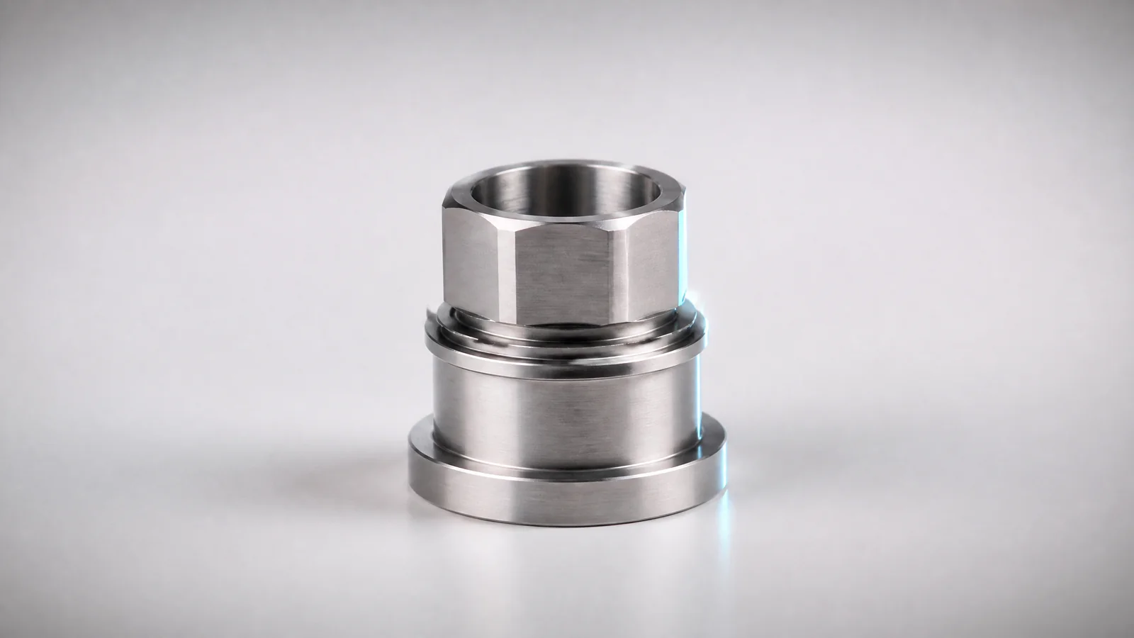 A precision machined steel component on a plain white surface