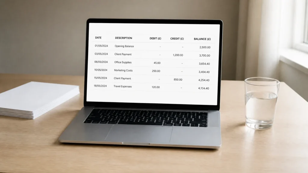 Laptop showing a clean ledger spreadsheet in pounds on a tidy desk in soft daylight