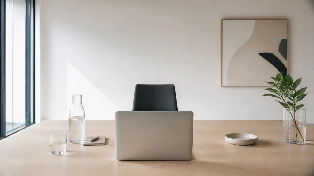 An open laptop facing an empty chair across a clean meeting table
