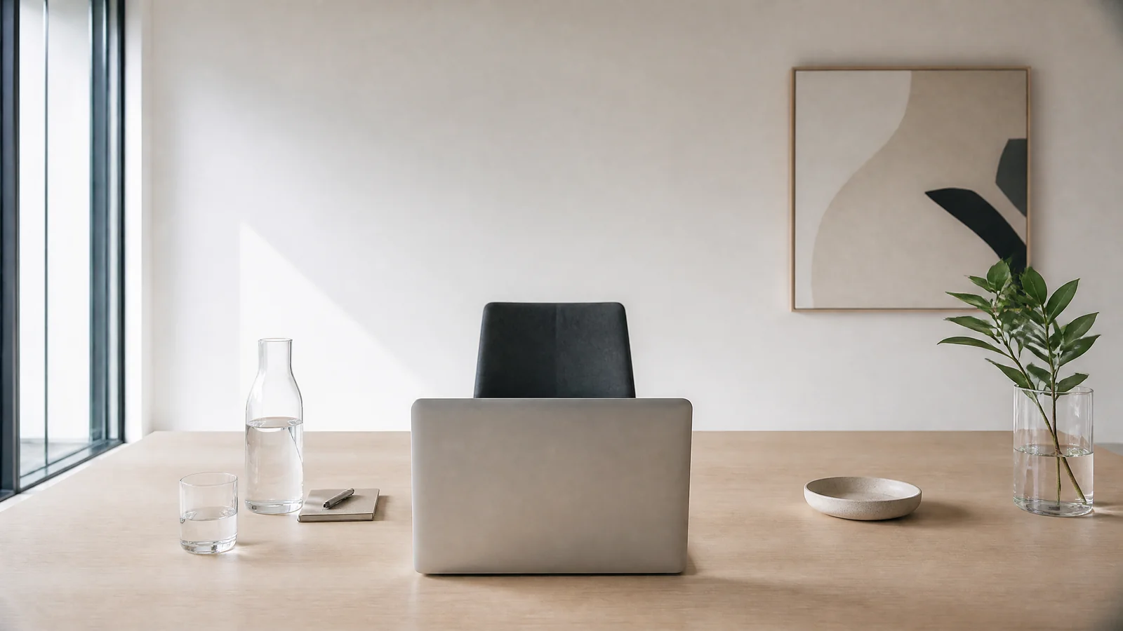 An open laptop facing an empty chair across a clean meeting table