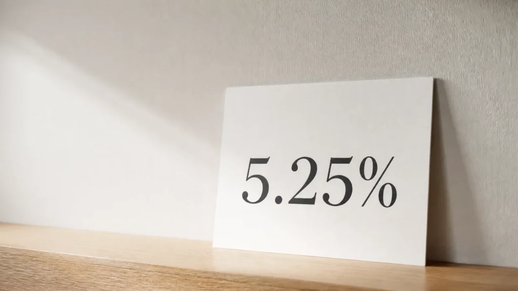 A white card printed with 5.25 per cent leaning against a plain wall