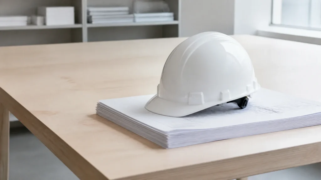 A white hard hat resting on a neat stack of technical drawings