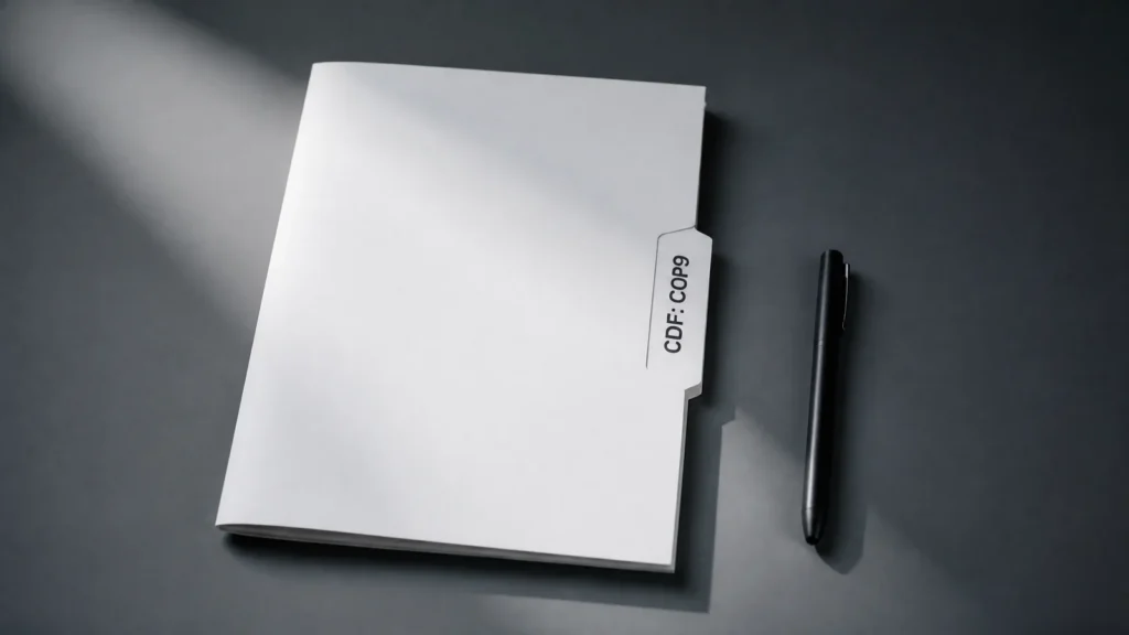 A white document folder with a tab reading CDF COP9 beside a black pen on slate