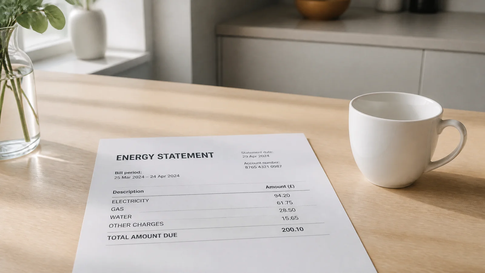 A household energy statement beside a white mug on a kitchen table