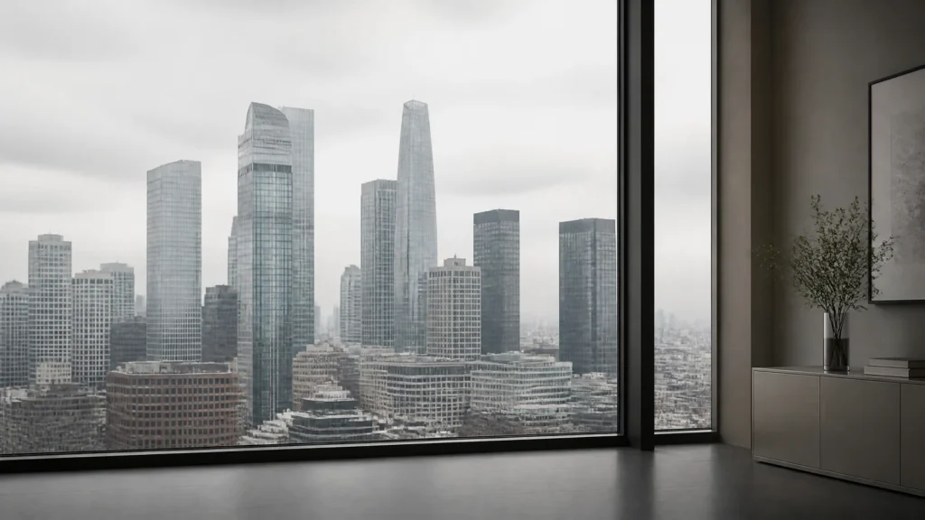 A city skyline under a flat overcast sky seen through clean office glass