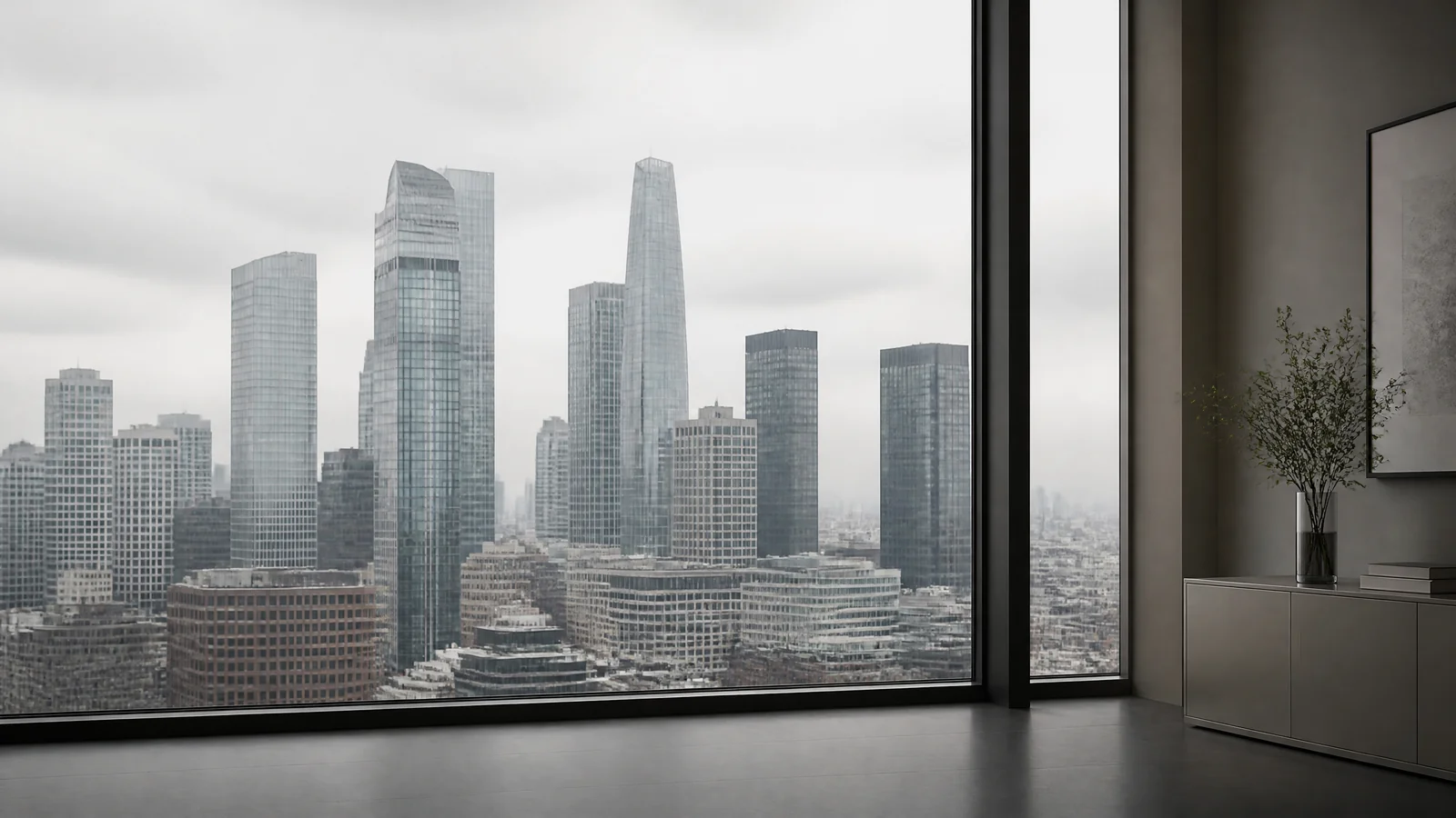 A city skyline under a flat overcast sky seen through clean office glass