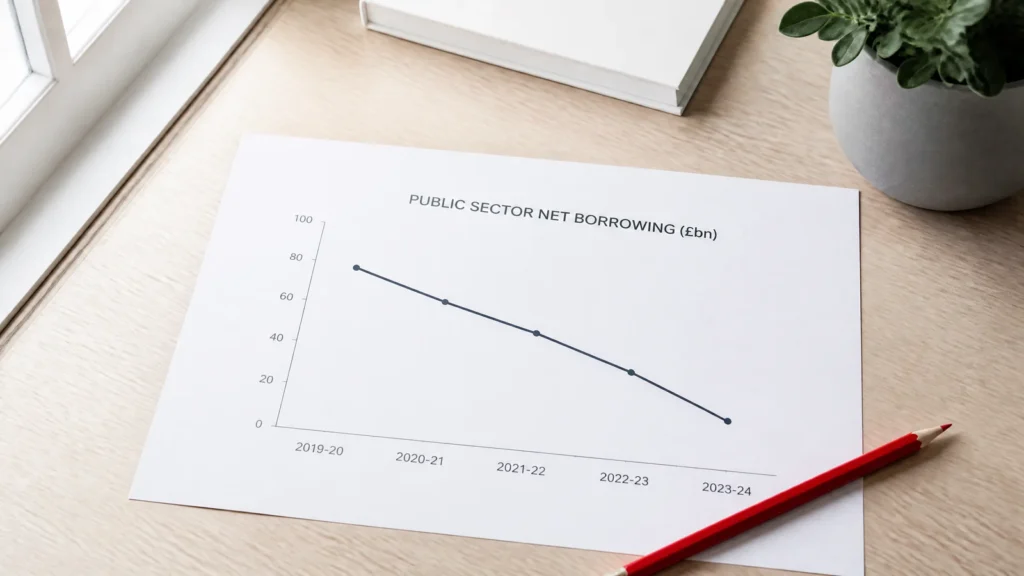 A printed chart of public sector net borrowing with a red pencil across the page