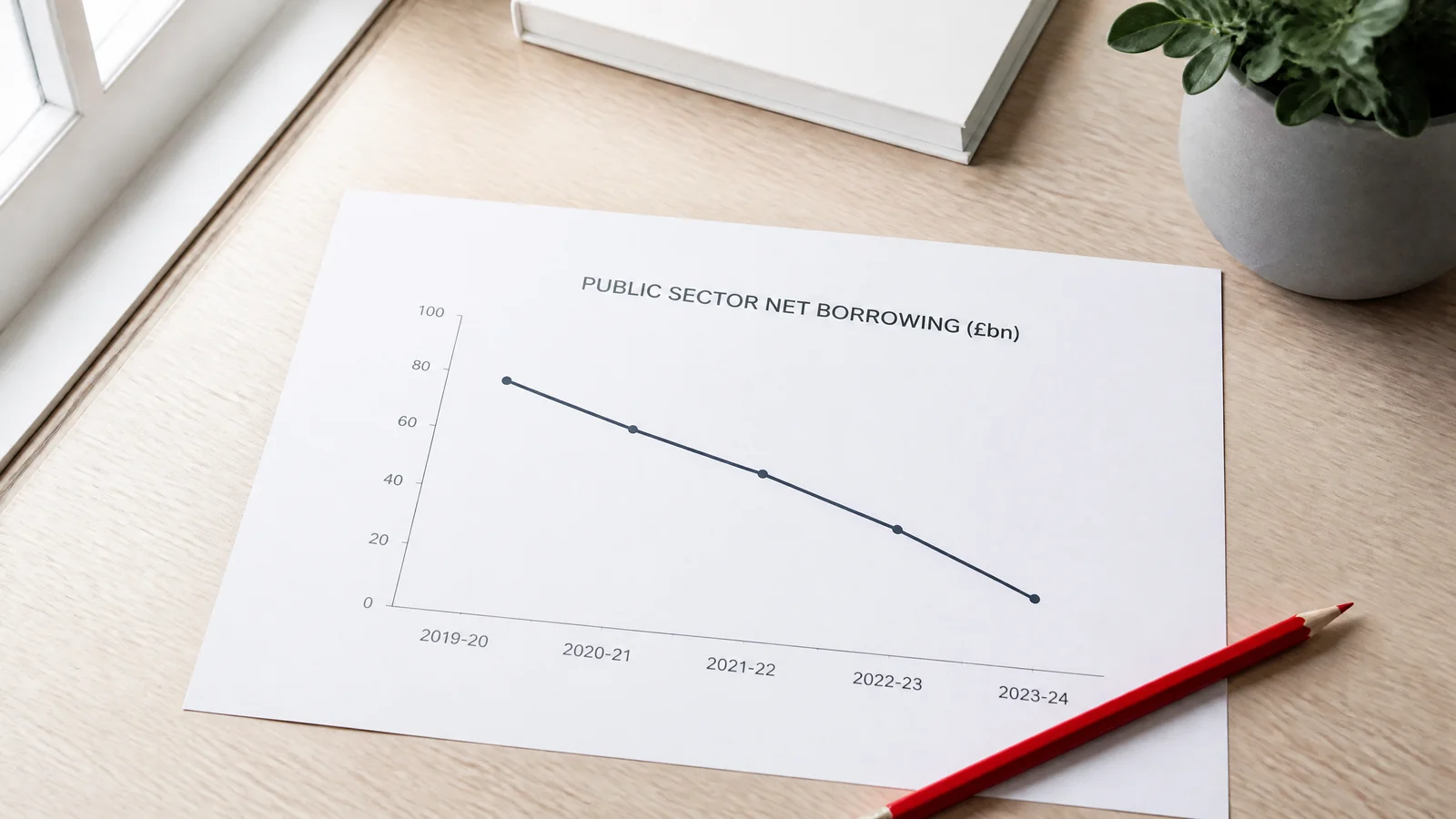 A printed chart of public sector net borrowing with a red pencil across the page