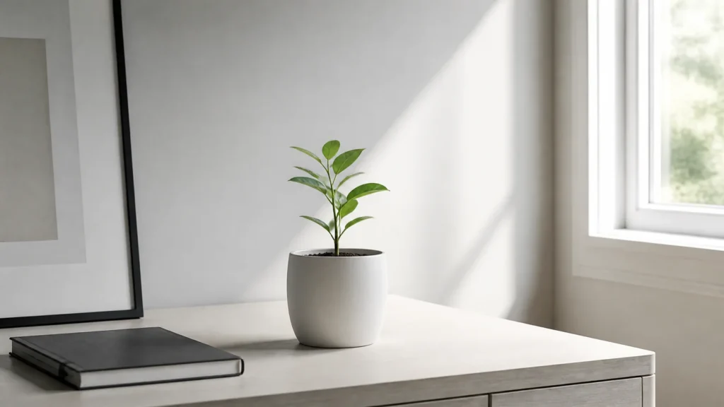 A seedling in a white ceramic pot on a bright desk beside a closed notebook