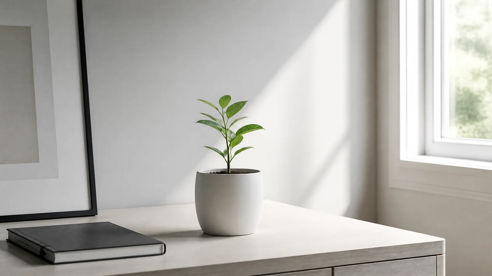 A seedling in a white ceramic pot on a bright desk beside a closed notebook