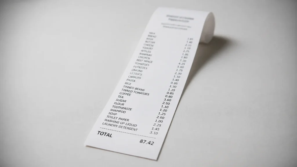 A long supermarket till receipt with a bold total on a plain grey surface