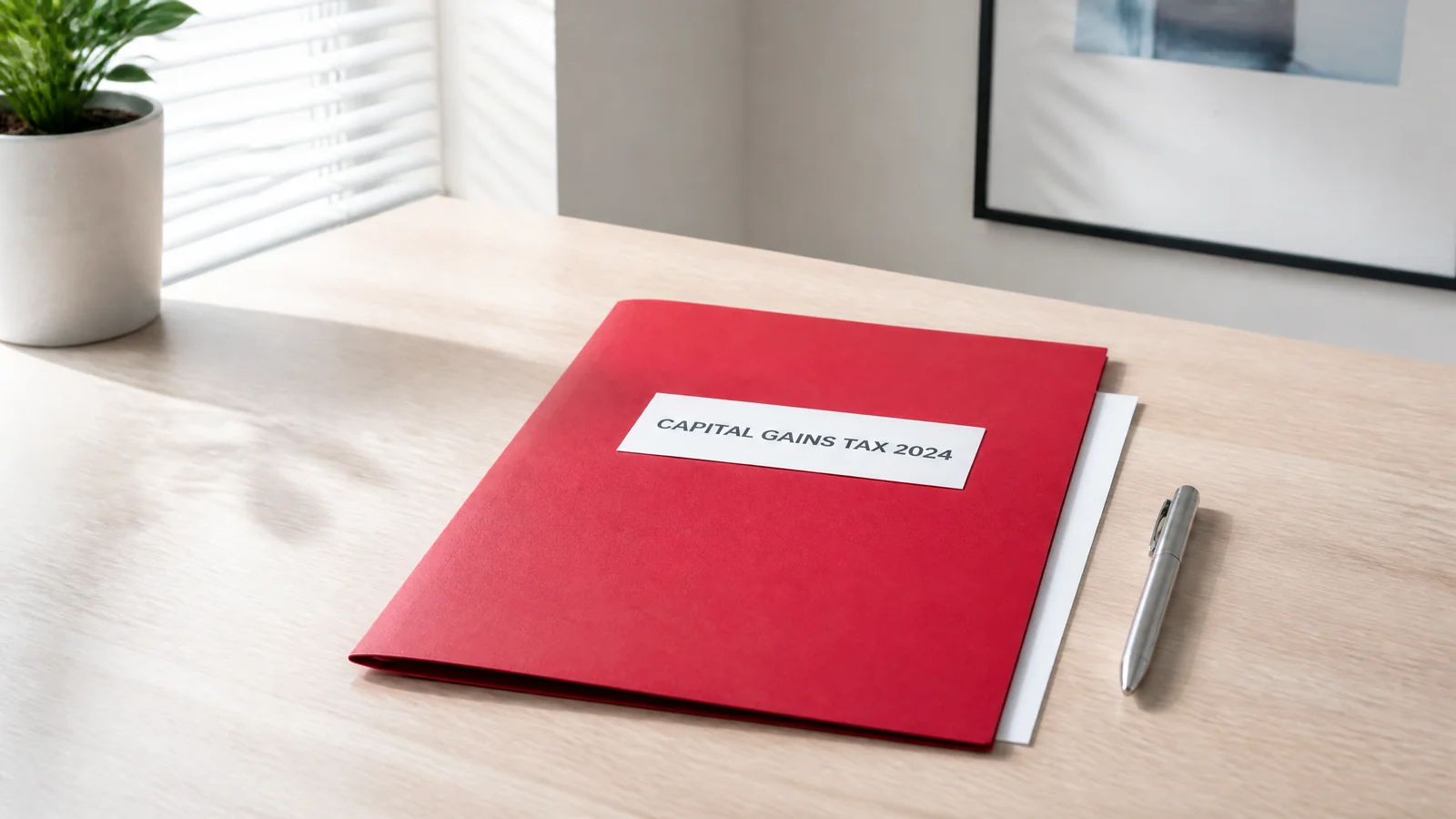 A crimson folder labelled Capital Gains Tax 2024 with a silver pen on a clean desk