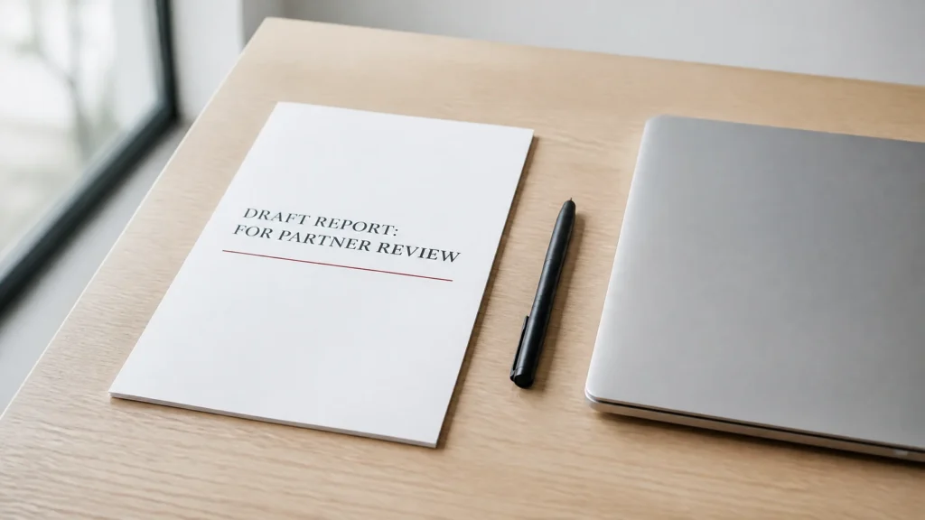 A pristine draft report marked for partner review beside a closed laptop on a clean oak desk