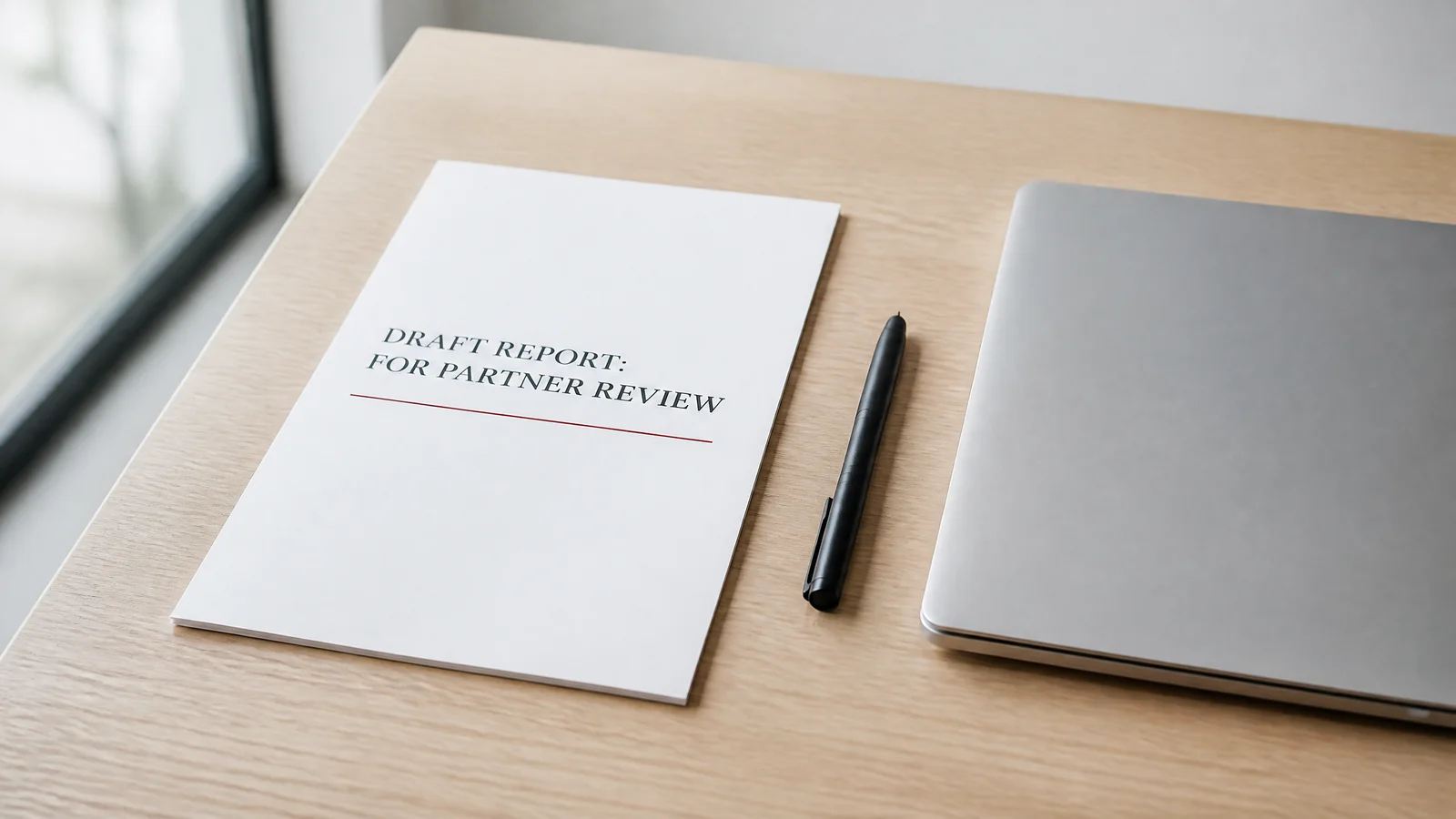 A pristine draft report marked for partner review beside a closed laptop on a clean oak desk