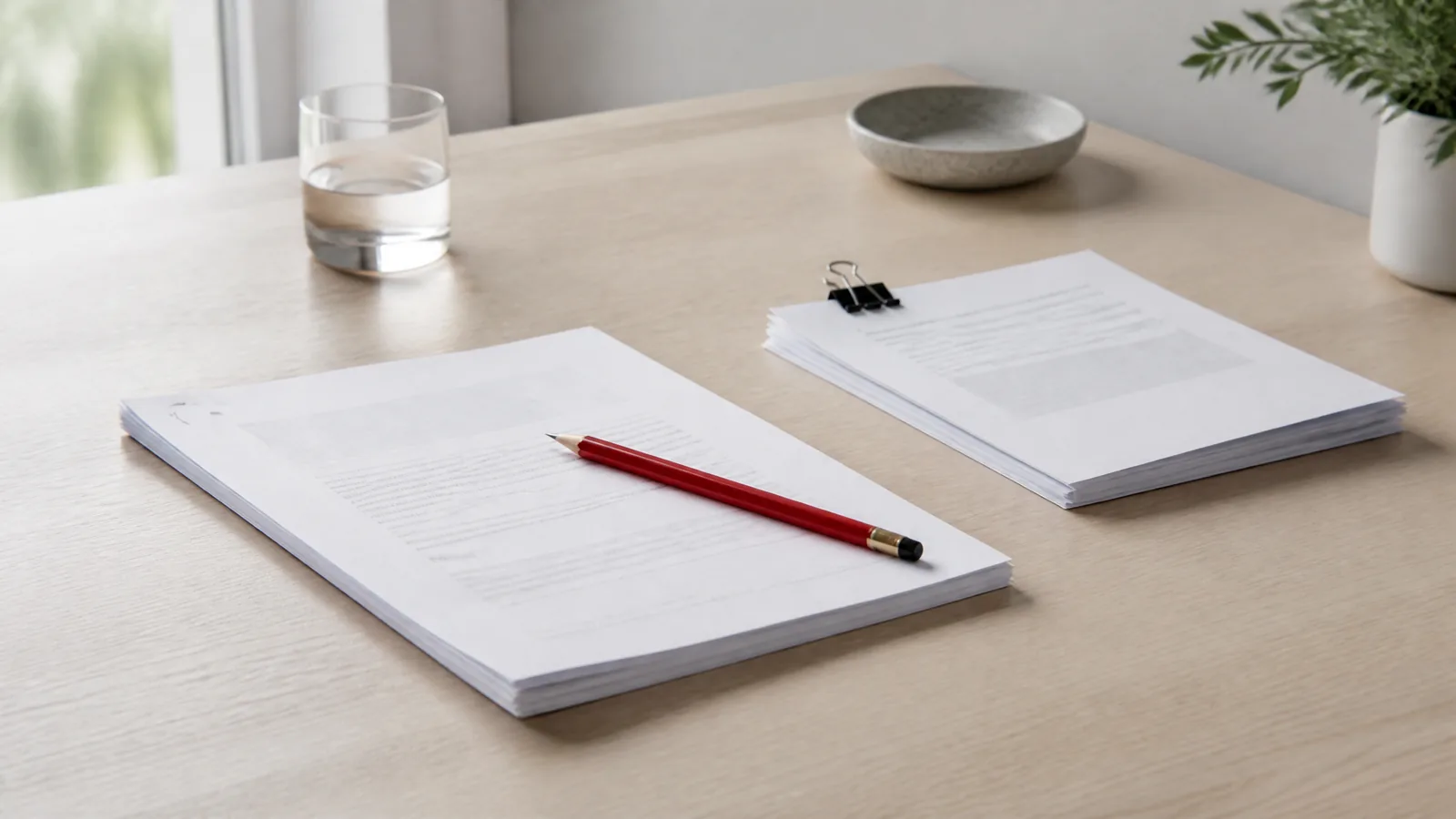 A printed draft report with a red editorial pencil, beside a clipped stack of source papers