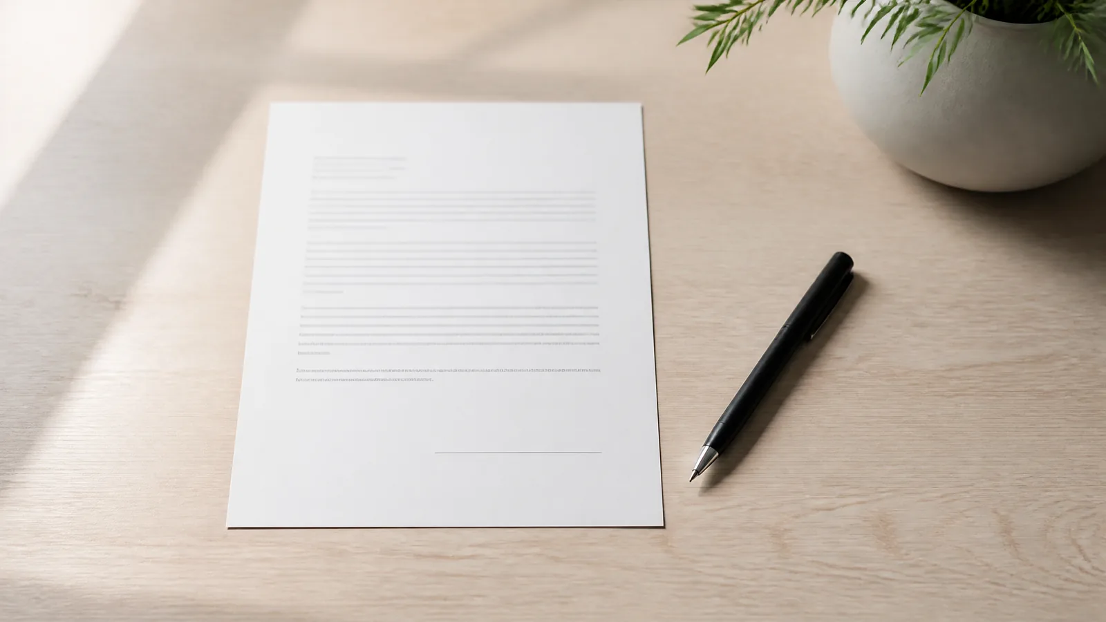 A printed document with a blank signature line and a pen resting beside it