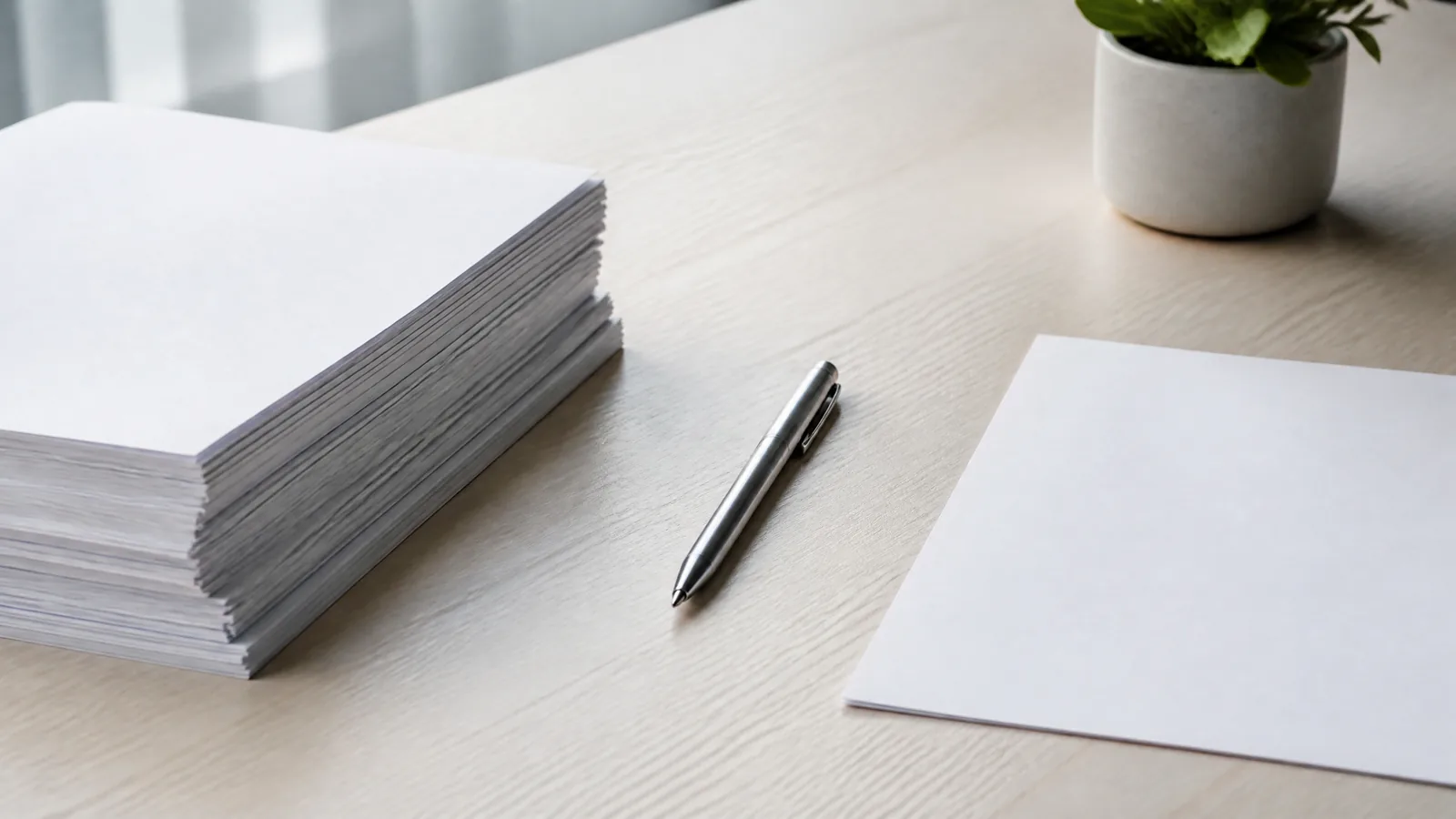 A thick stack of prepared papers on the left and a single sheet awaiting review on the right