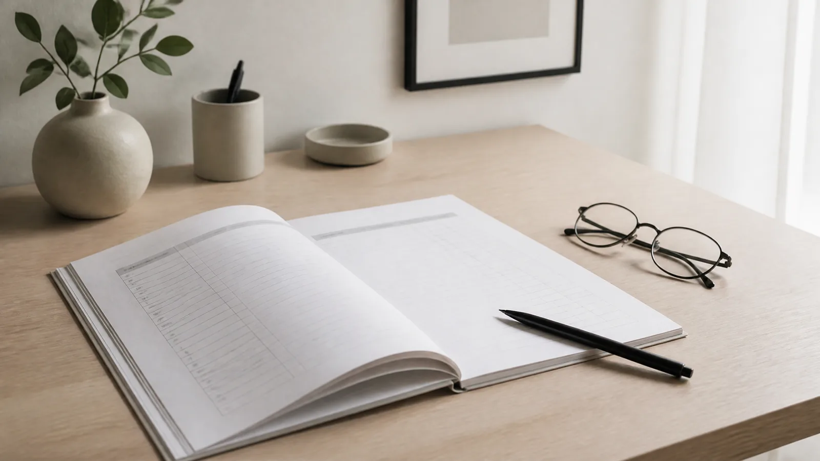 An open set of accounts under review, with reading glasses and a pen