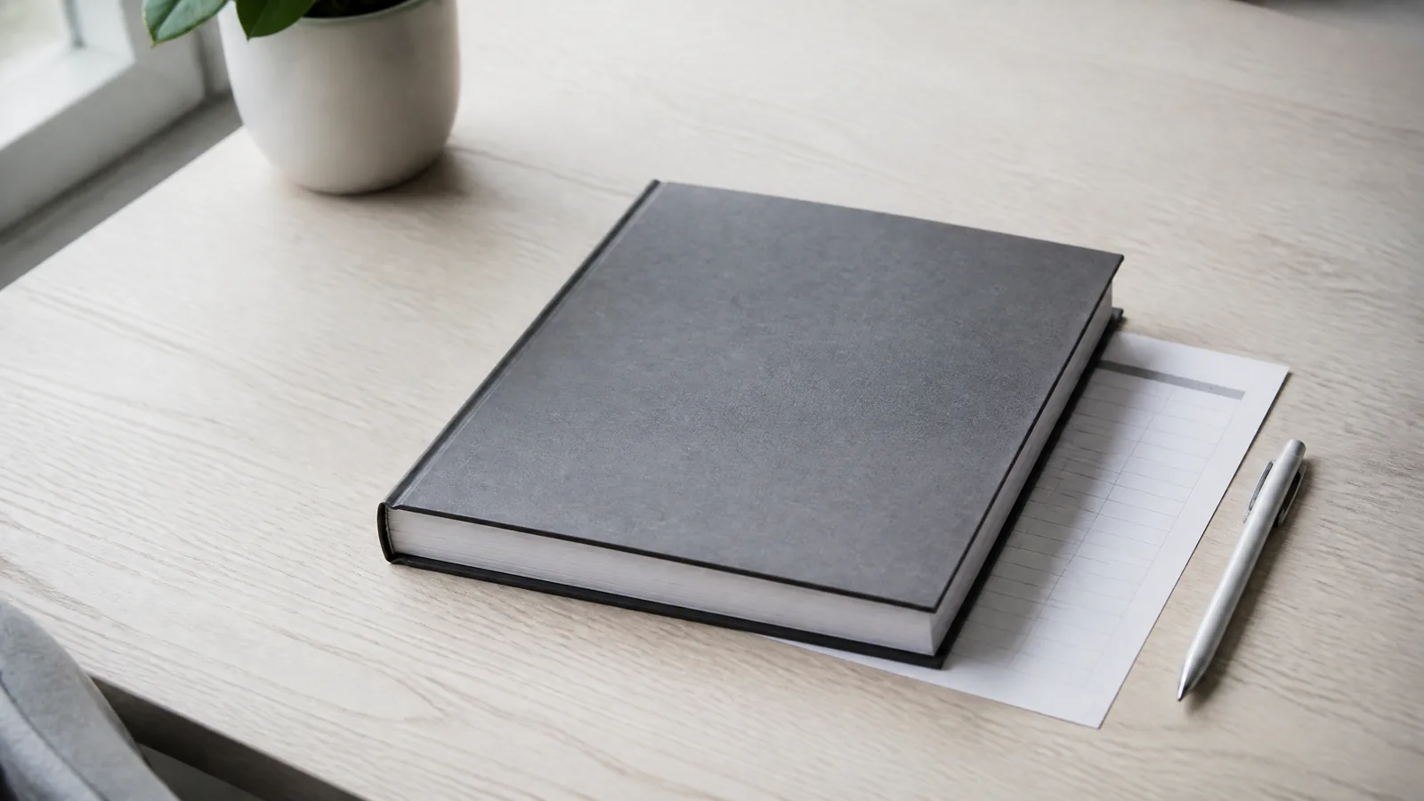 A bound set of year-end accounts and a pen on a desk
