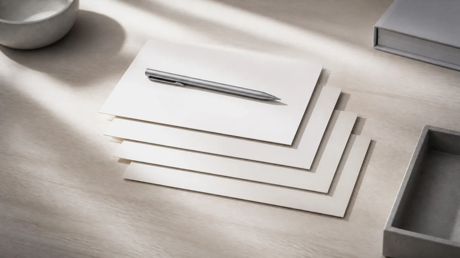 Five sheets of paper arranged as a stepped ladder with a pen resting on the top sheet